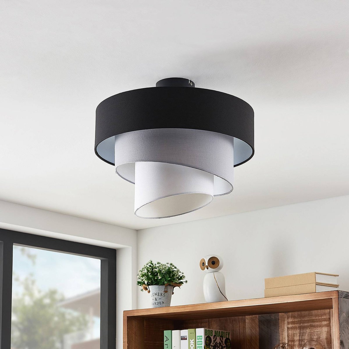 Plafonnier en textile moderne, Coria noir, gris, blanc, LINDBY