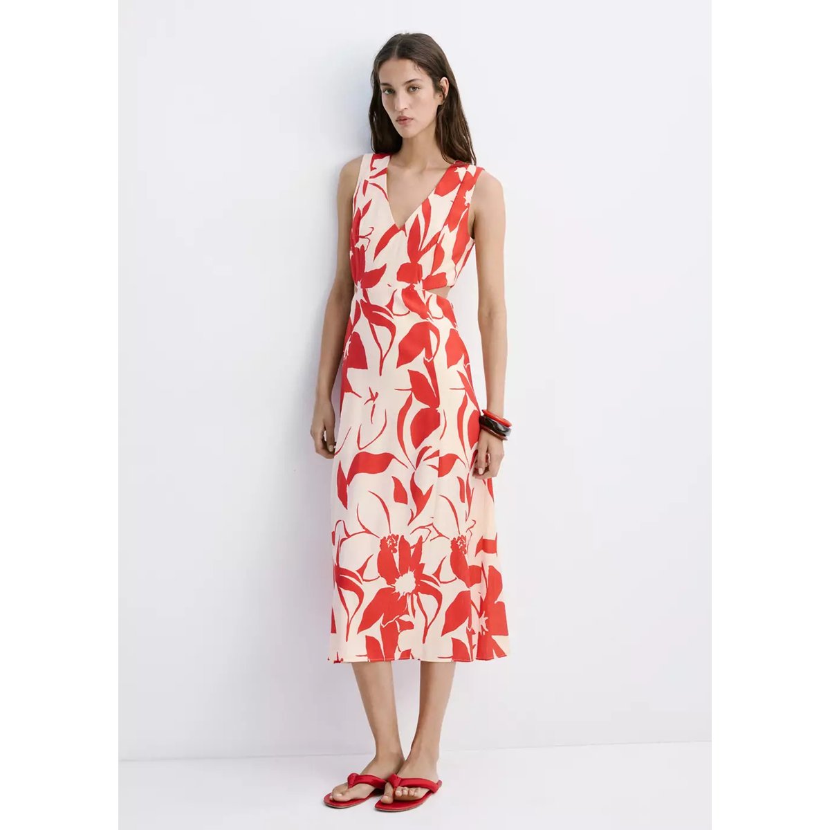 Robe à découpes et imprimé floral rouge, MANGO