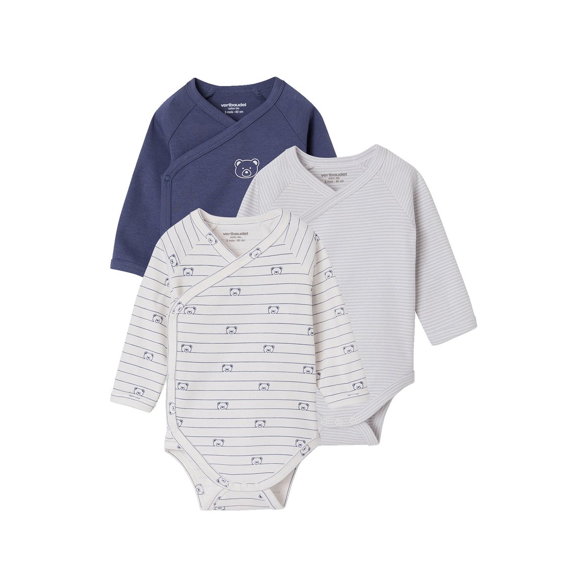 Lot de 3 bodies naissance manches longues bleu, VERTBAUDET
