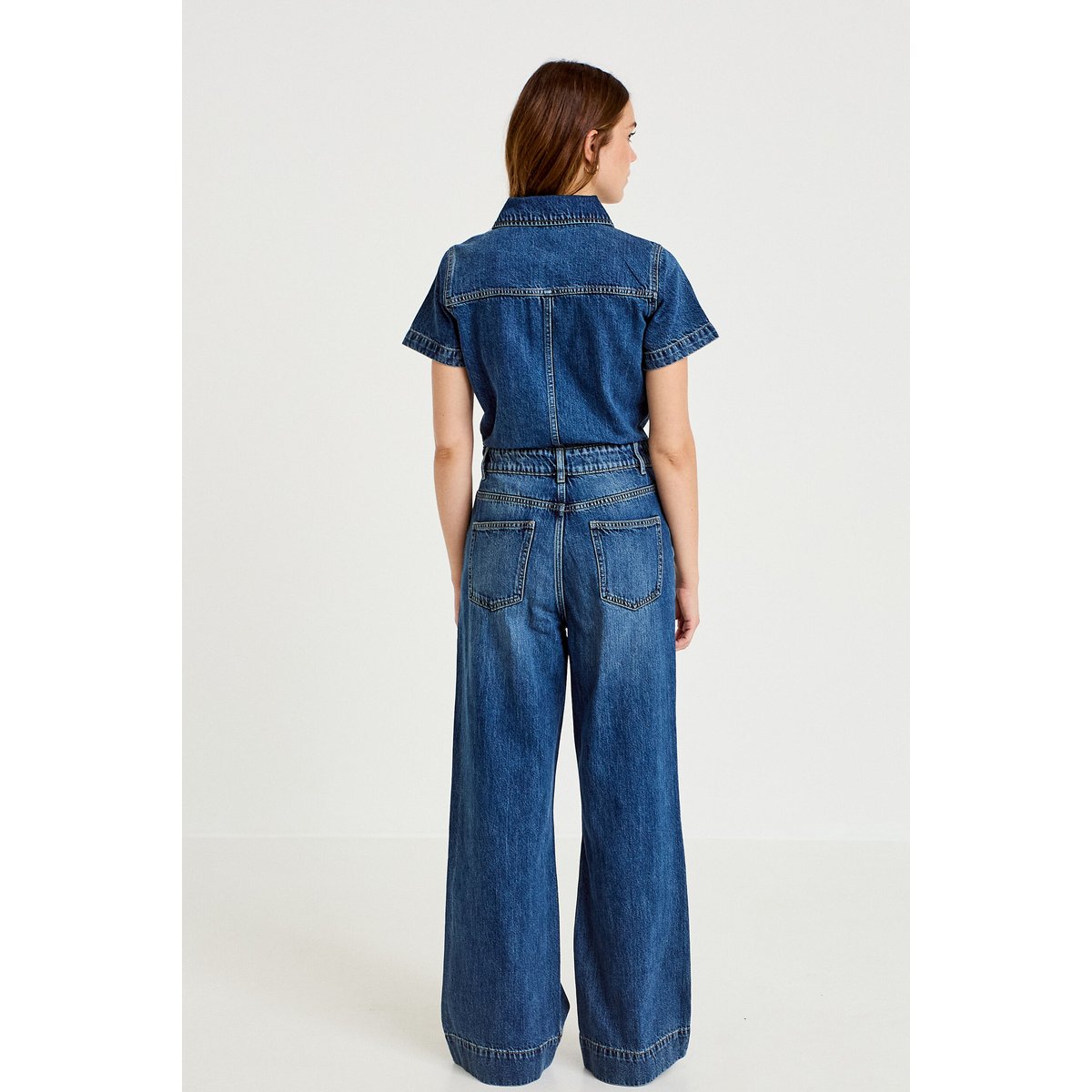 Combinaison jean flare col américain denim stone, CACHE CACHE