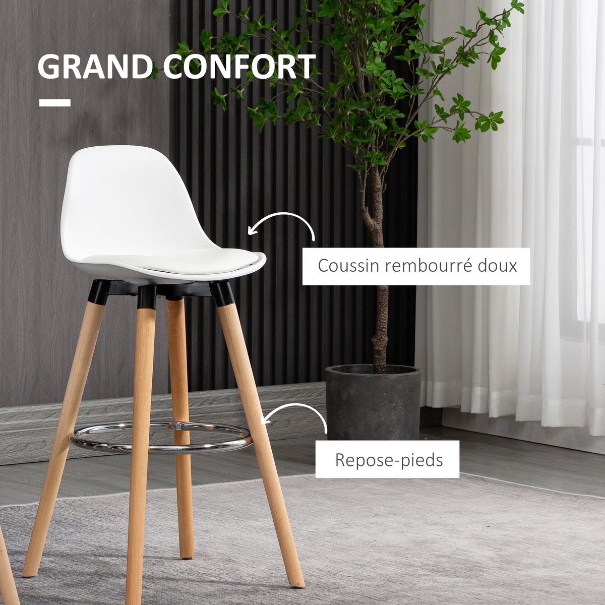 Tabouret de bar PU Blanc blanc, bois clair, HOMCOM