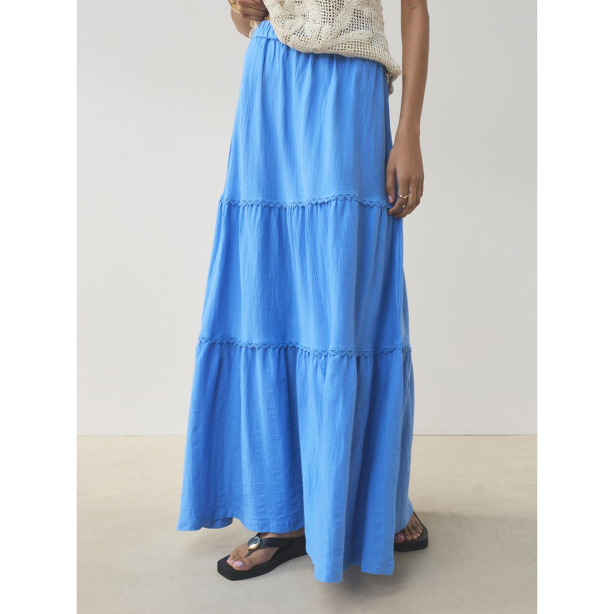 Jupe longue en coton avec volants superposés bleu, NEXT