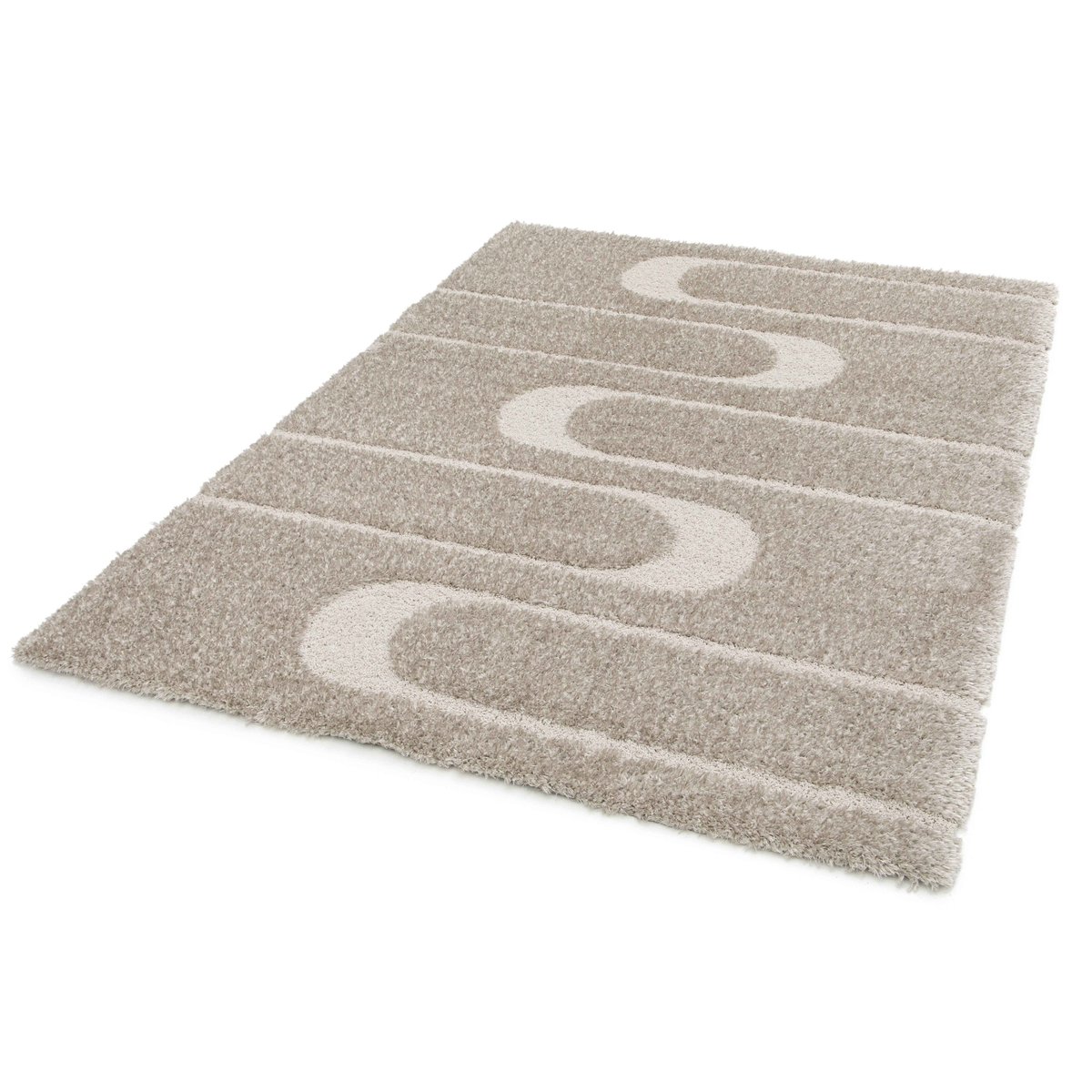 Tapis shaggy rectangulaire en polyester recyclé motif géométrique à poils longs, ZIGGY taupe, OVIALA