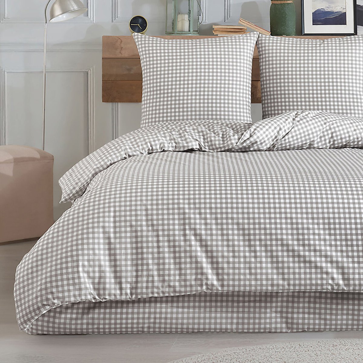 Parure Housse de couette 3 pcs 240x220 cm 100% coton 57 fils imprimé."Vichy gris" blanc / gris, C DESIGN HOME TEXTILE