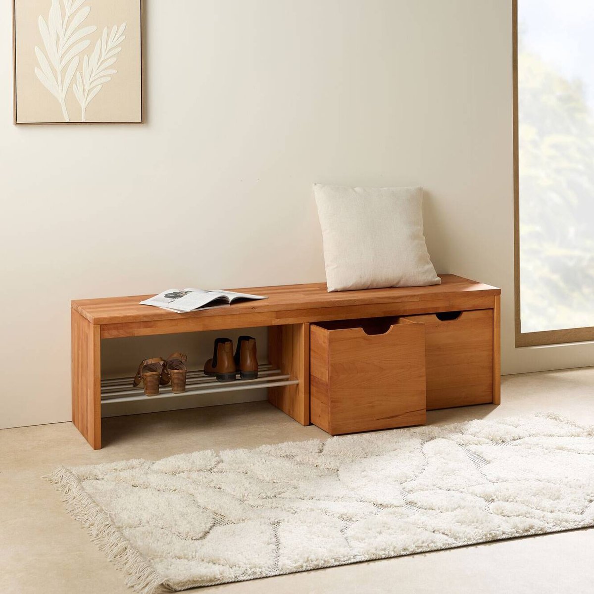 Banc à chaussures bois massif avec 2 cubes de rangement - CYRIEL hêtre massif, CAMIF