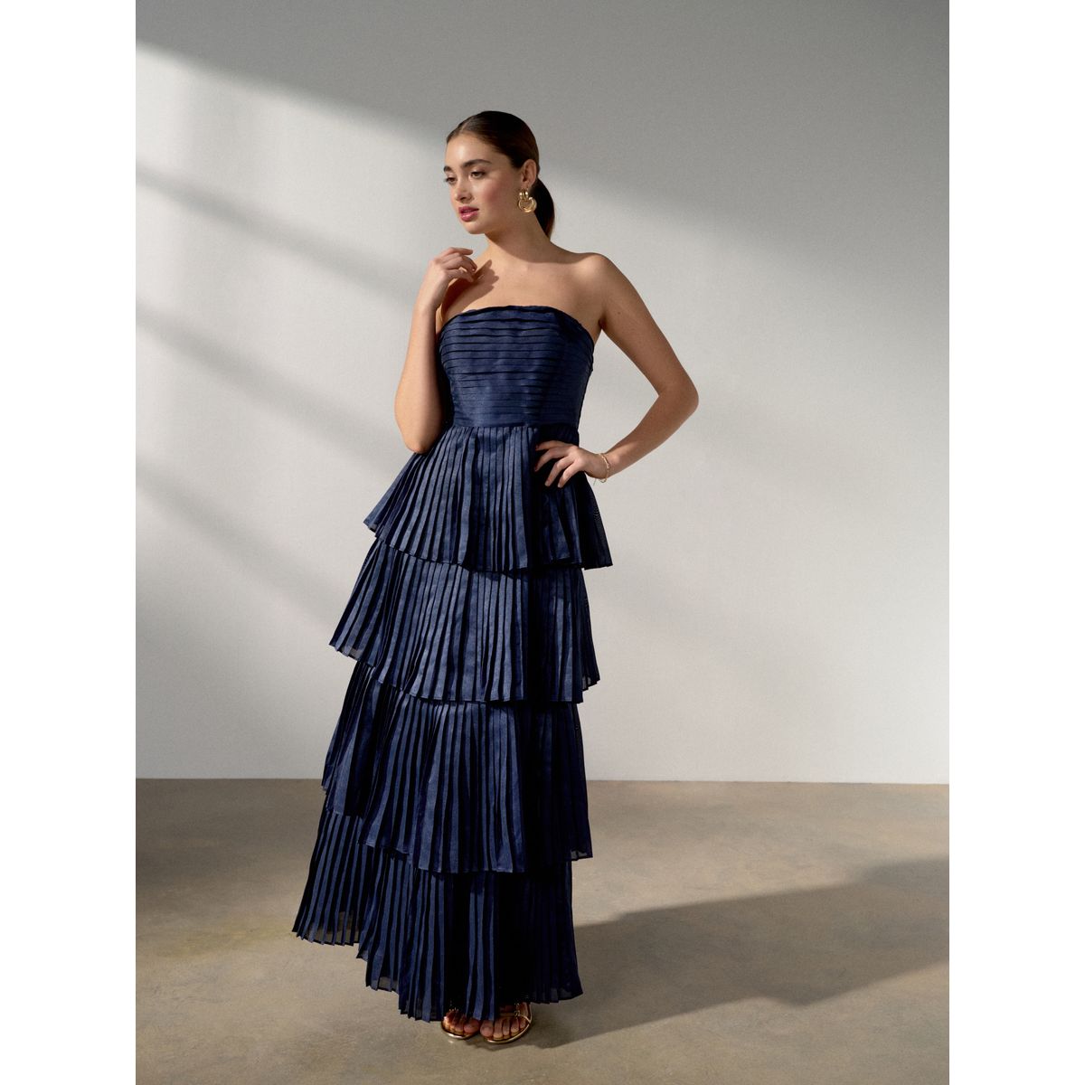 Robe longue bandeau plissée bleu marine, NEXT