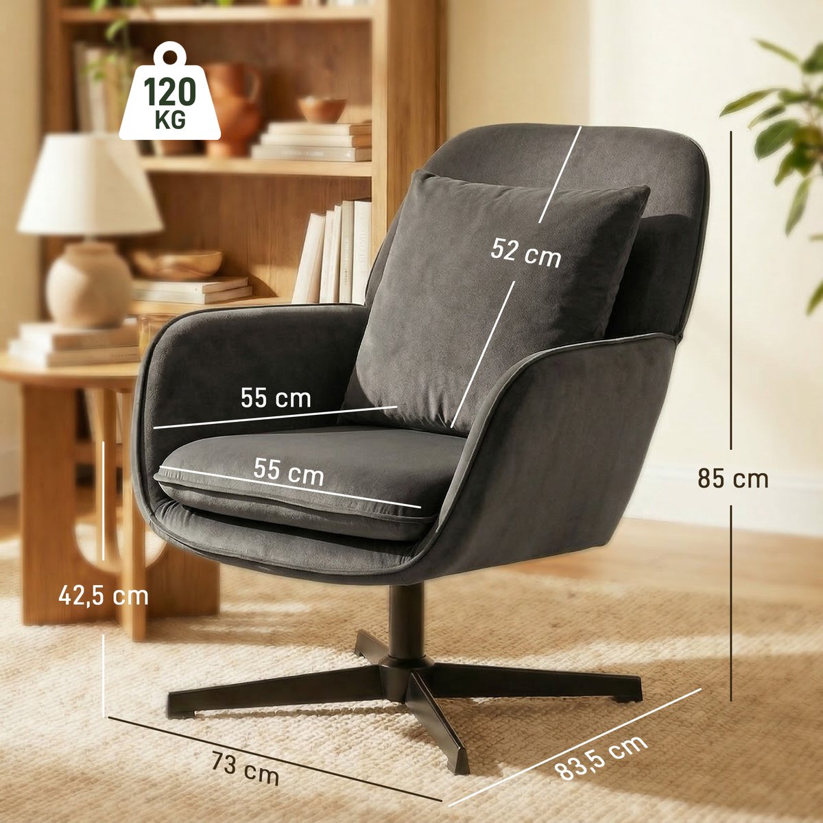 Accent Chair Velours (100 % Polyester) Gris gris foncé, HOMCOM