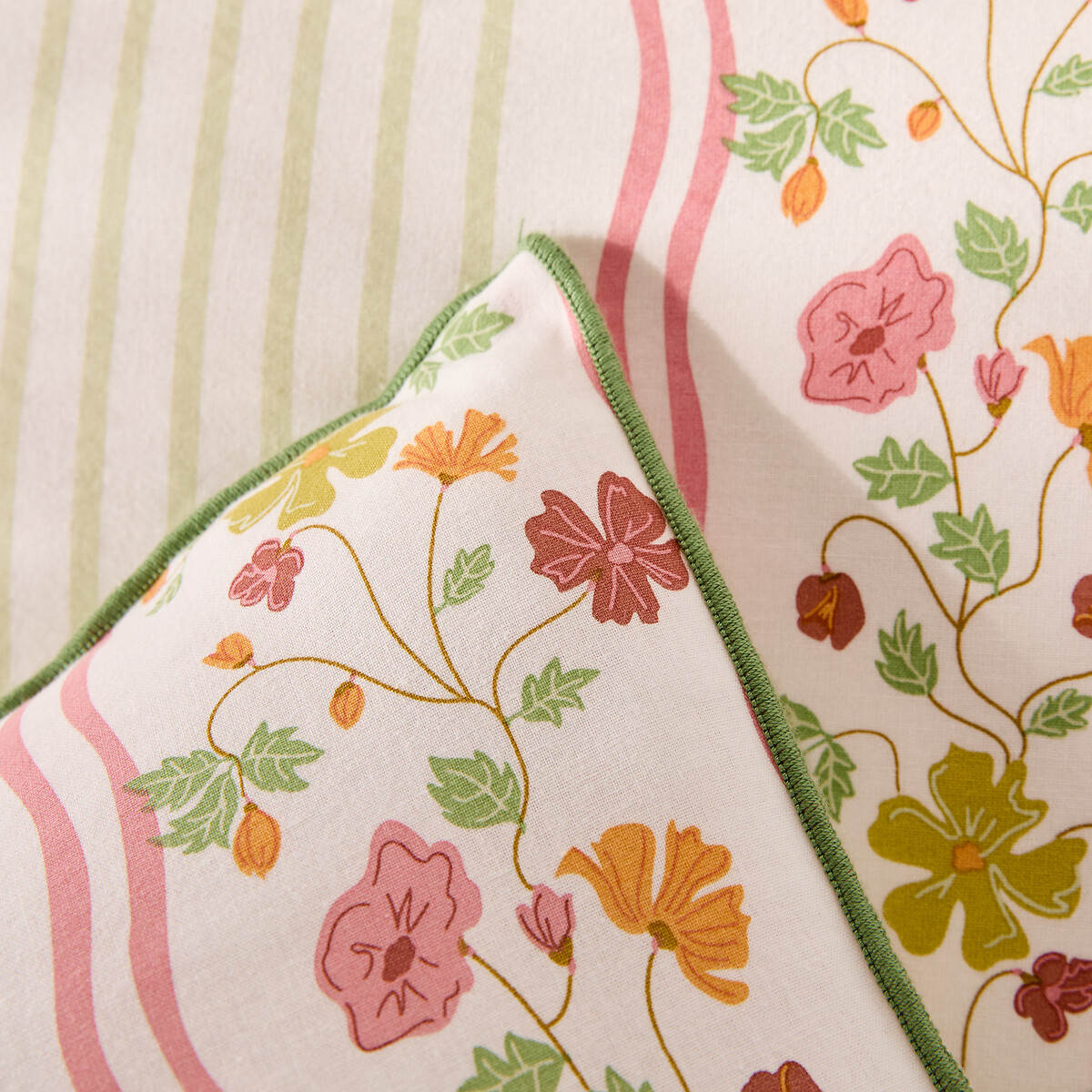 Fabiola Striped/Floral Print Washed Cotton Pillowcase floral and striped print, LA REDOUTE INTERIEURS