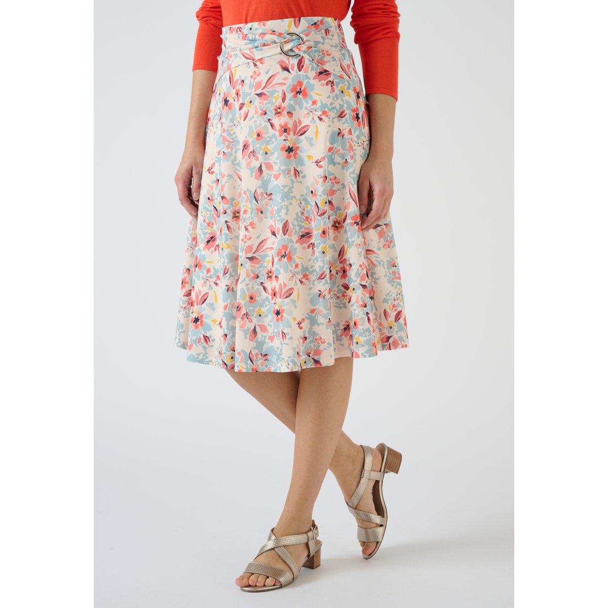 Jupe ceinture à boucle bleu grandes fleurs, DAMART