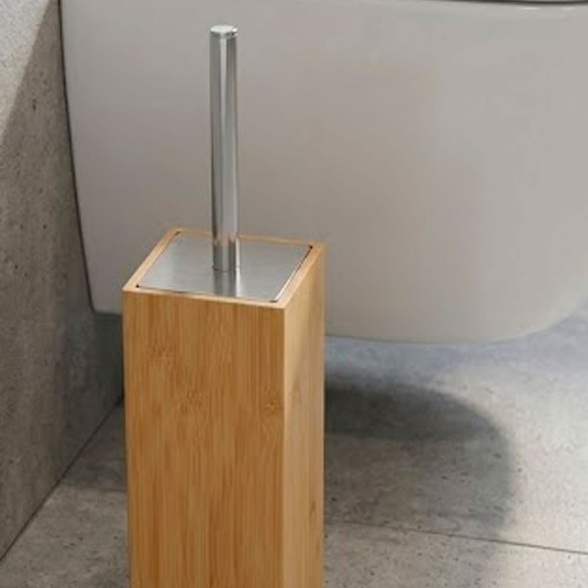 Brosse WC bambou, inox et brosse noire carrée 10x10x34cm bois, WADIGA
