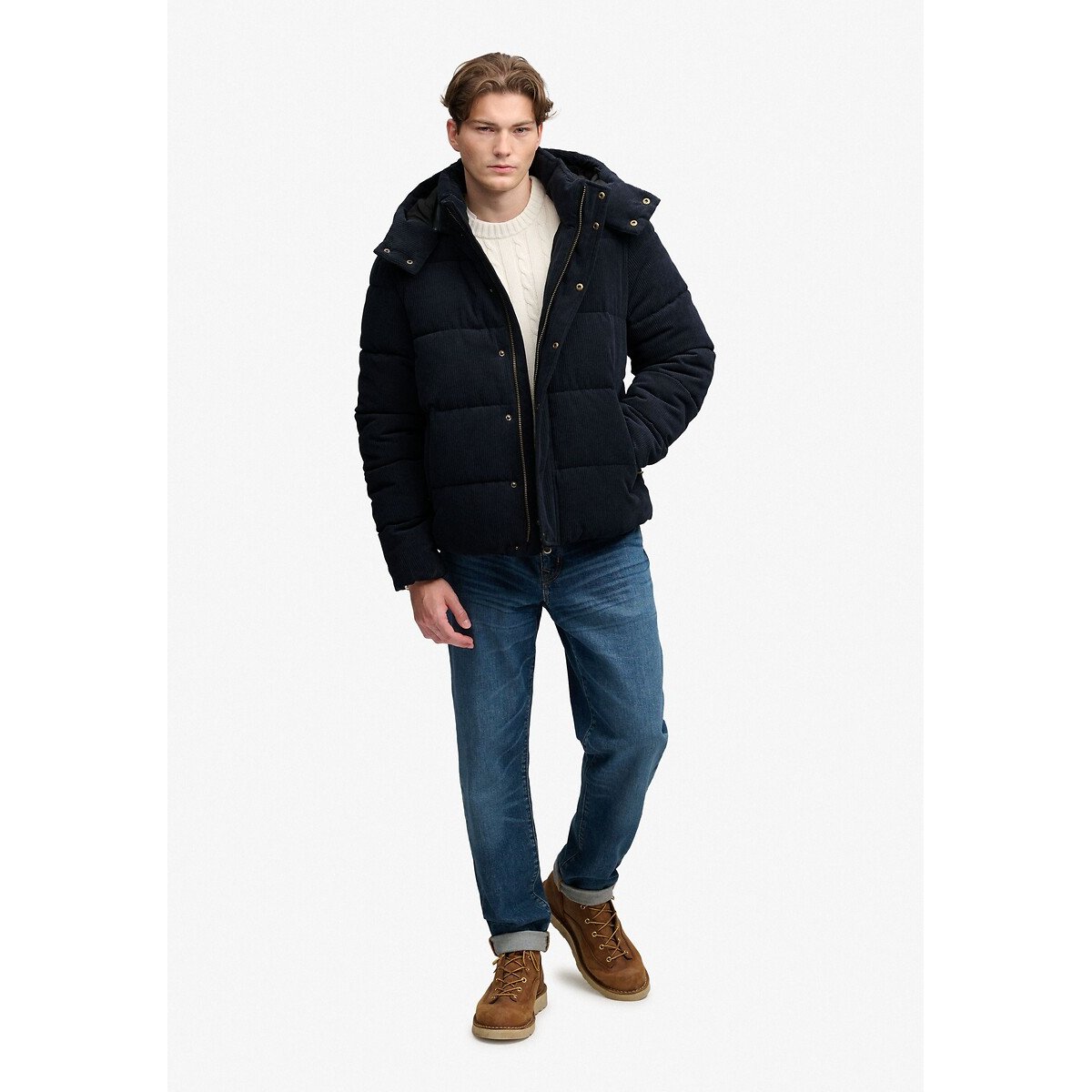 Piumino con cappuccio, in velluto a coste blu marino, SUPERDRY