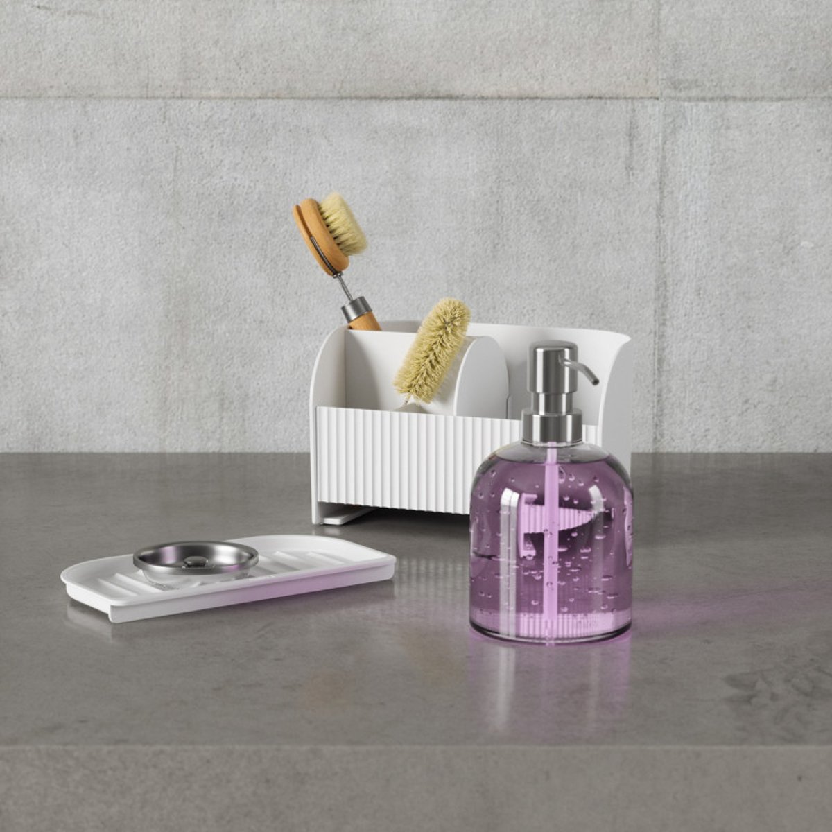 Porte éponge cuisine pompe à savon SLING blanc, UMBRA