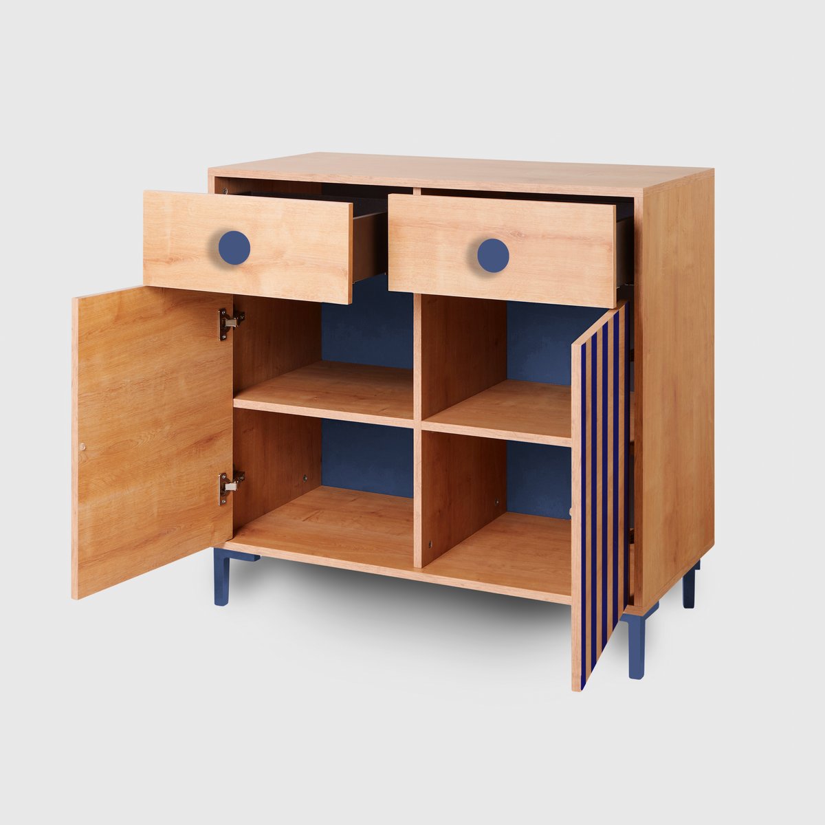 Commode 2 portes 2 tiroirs OAKLEY chêne et rayures bleues, REALLY NICE THINGS