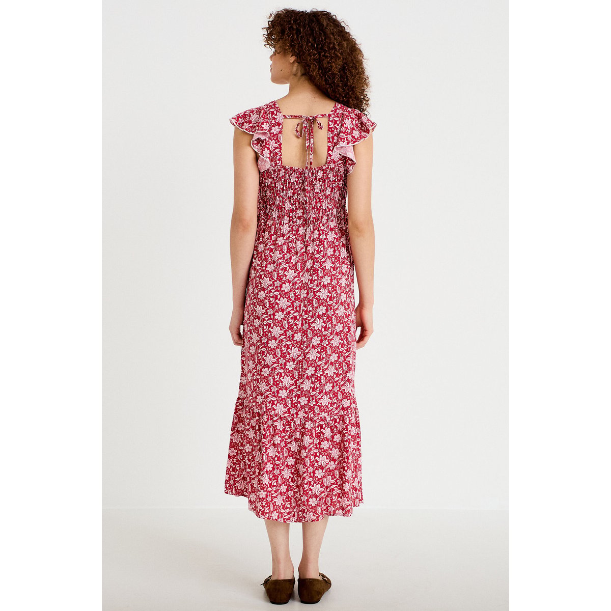 Robe longue évasée smockée rouge, CACHE CACHE