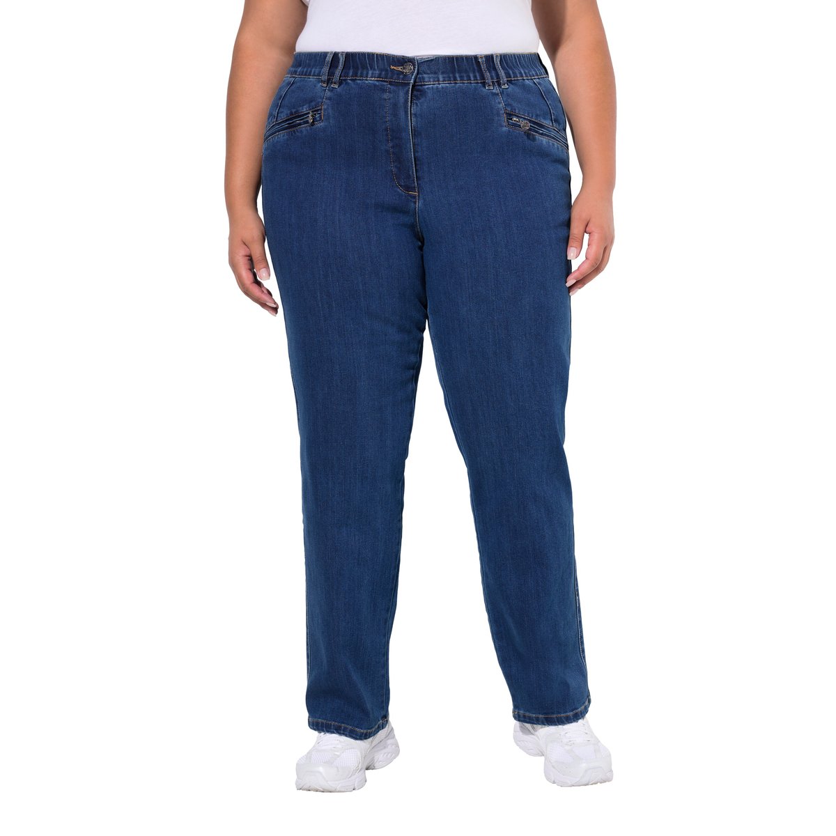 Jean Mony, jambe carotte et poches zippées bleu jean, ULLA POPKEN