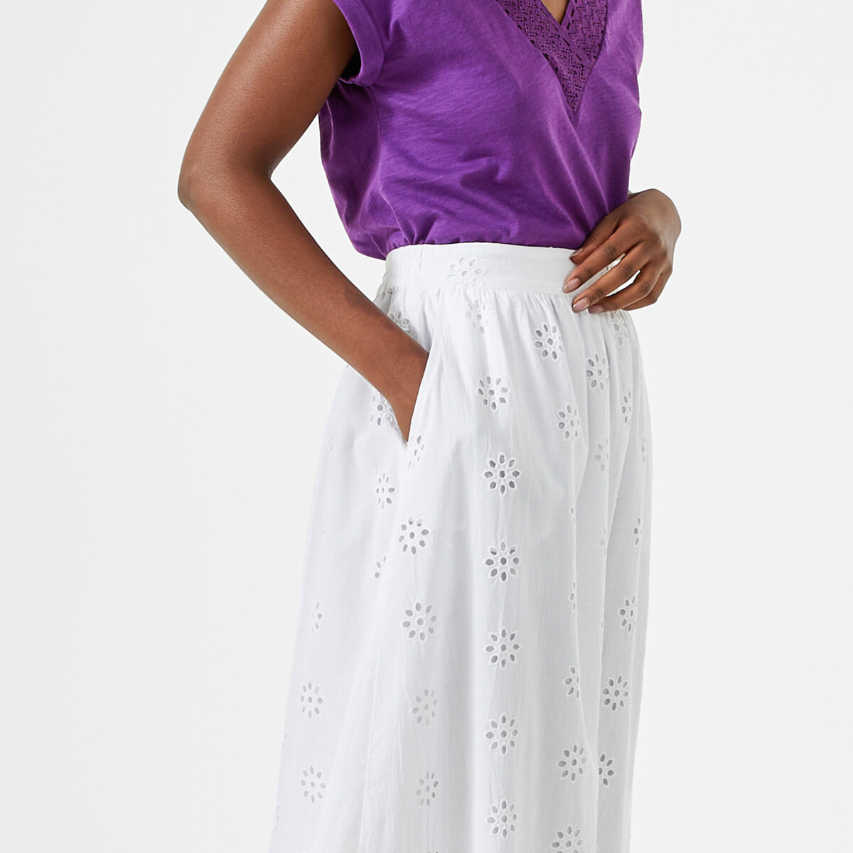 Jupe longue évasée, broderie anglaise ivoire, ANNE WEYBURN