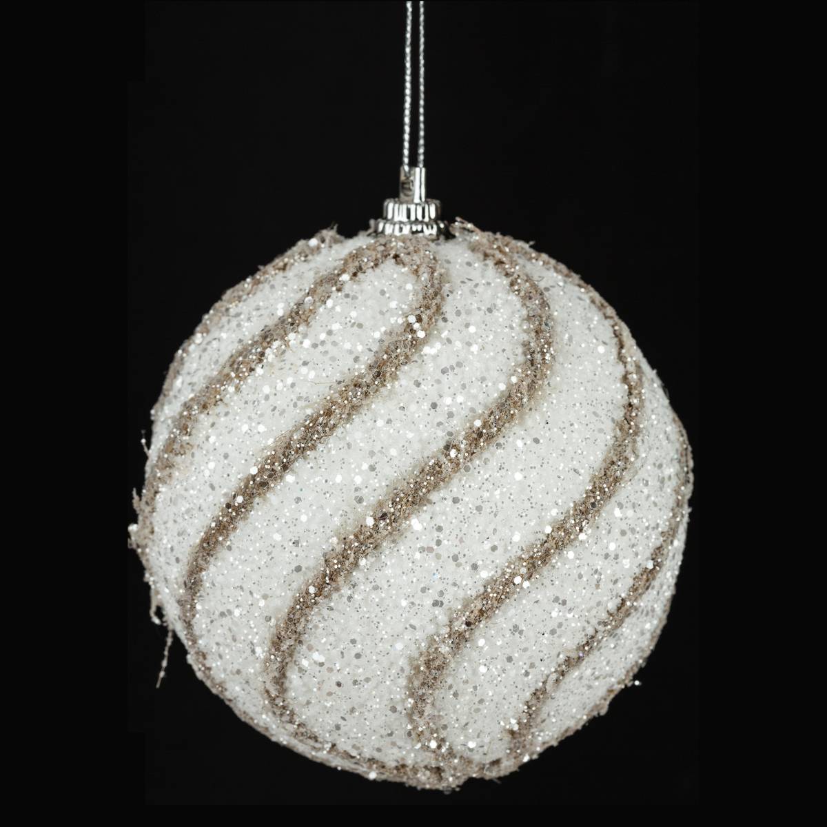 Boule de noël pailletée et fil jute D8 blanc/taupe, FEERIC LIGHTS & CHRISTMAS