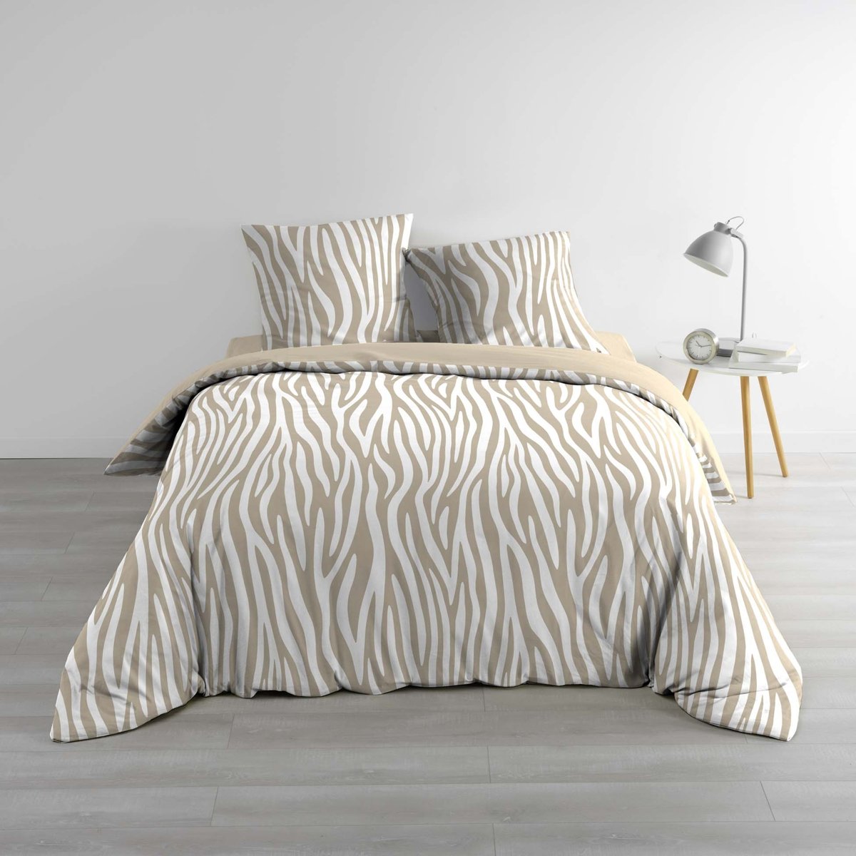 Parure de lit 3 pièces 100 % coton imprimé zèbre housse + taies naturel, DOUCEUR D'INTÉRIEUR