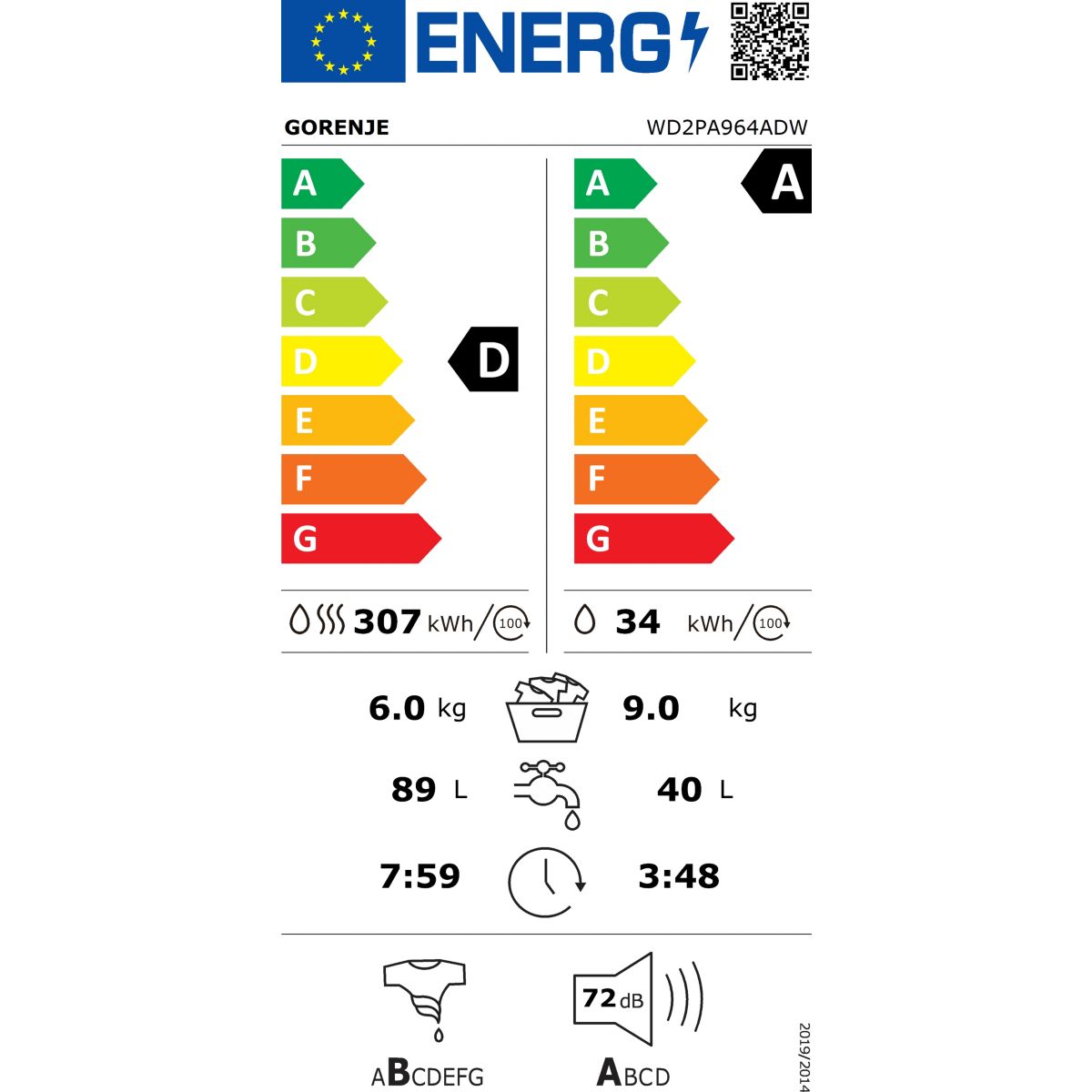 Lave linge séchant hublot WD2PA964ADW couleur unique, GORENJE