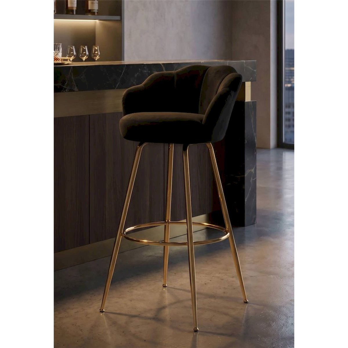 Tabouret de bar velours façon coquillage GLAM noir et doré, RECOLLECTION