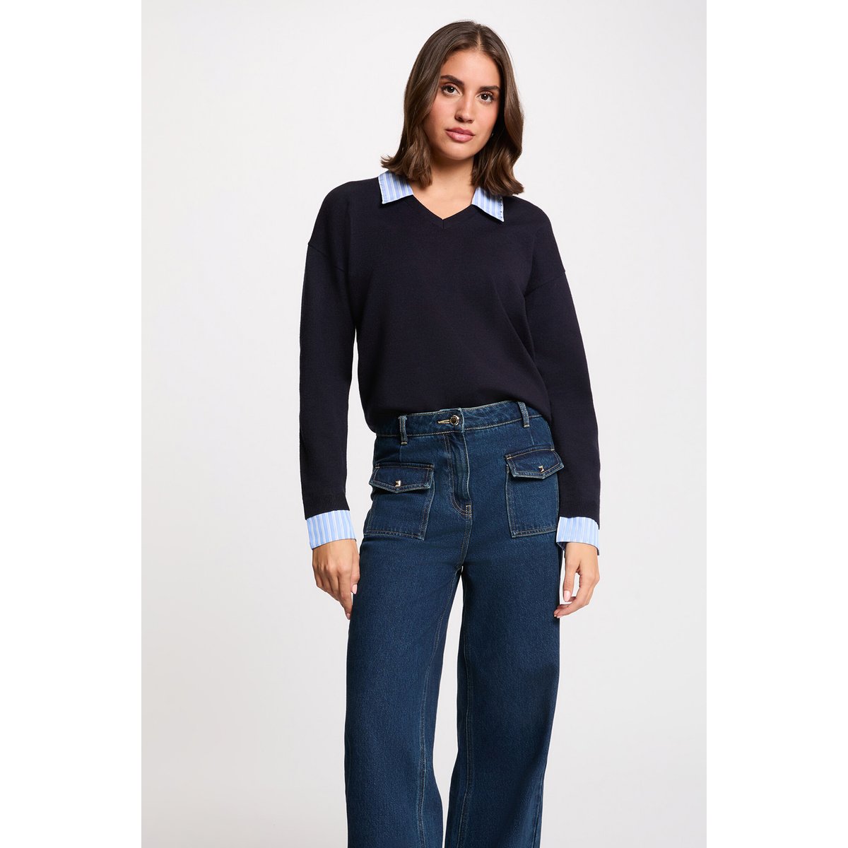 Pull col revers rayé bleu marine, MORGAN