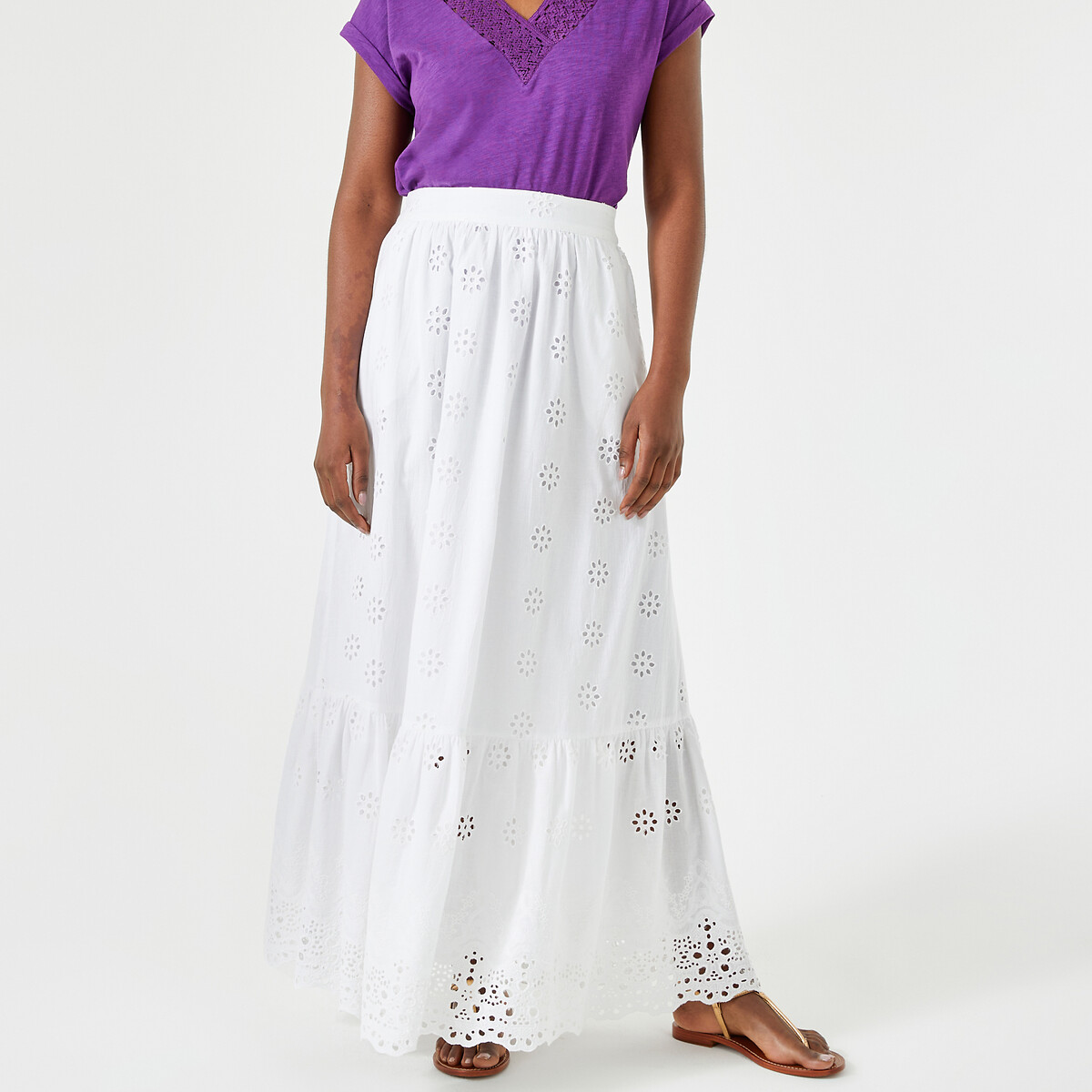 Jupe longue évasée, broderie anglaise ivoire, ANNE WEYBURN