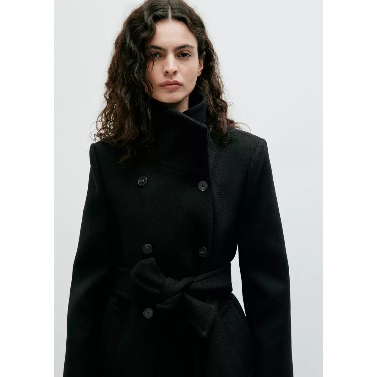 Manteau laine Manteco col cheminée noir, MANGO