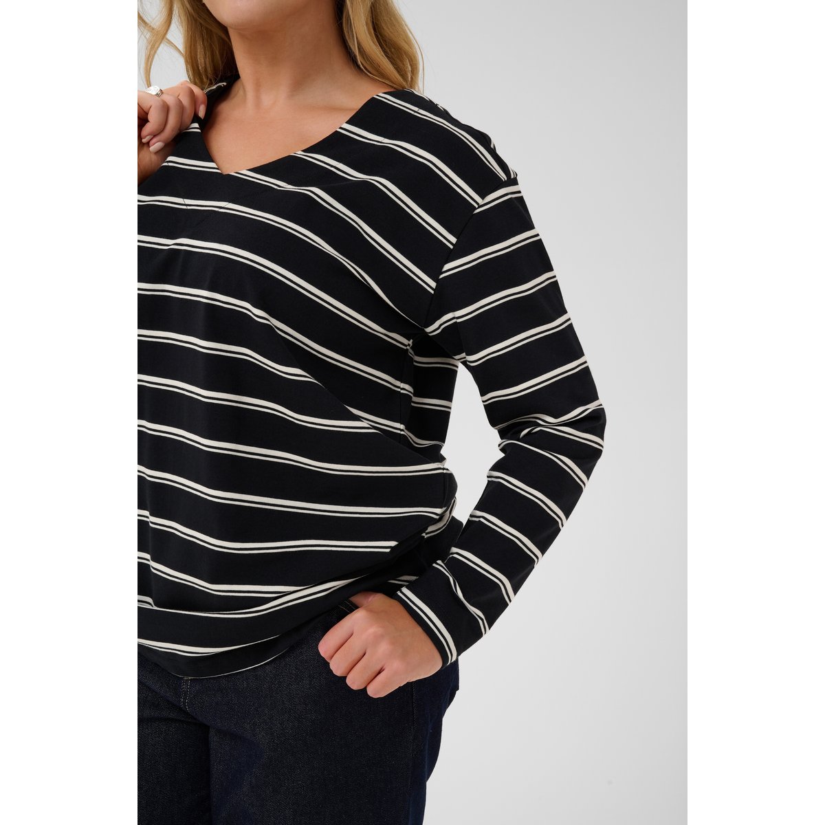 T-shirt à manches longues noir blanc black/white stripe, KAFFE CURVE