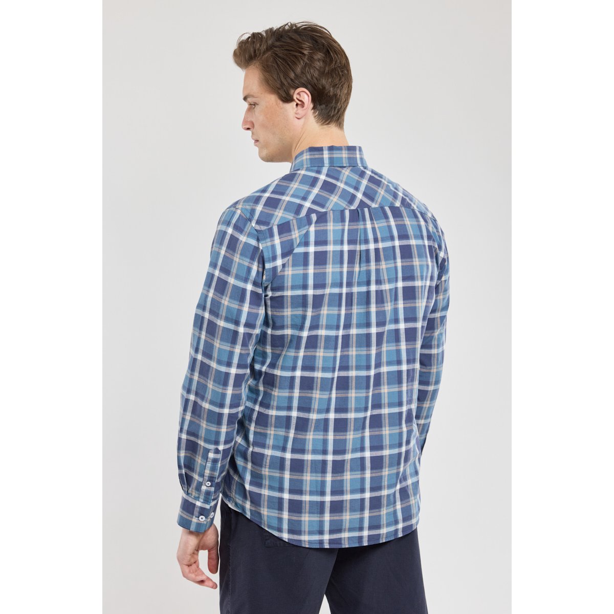 Chemise coupe droite en coton et lin carreau marine/obscur, ARMOR-LUX