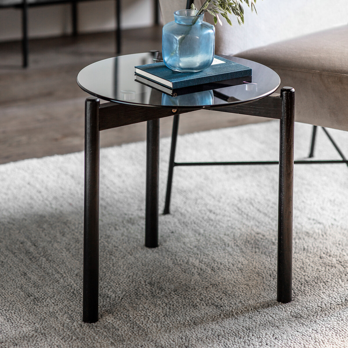Mumbai Round Glass and Oak Side Table black, SO'HOME