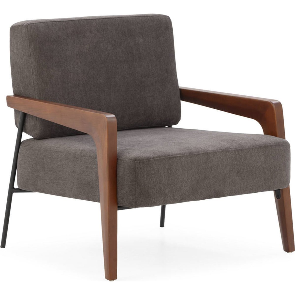 Fauteuil vintage en tissu et bois de hêtre noyer, noir et gris foncé, RECOLLECTION
