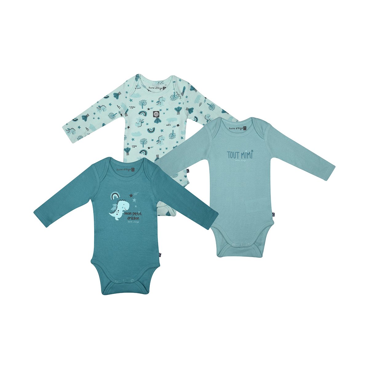 Lot de 3 bodies ider manches longues bebe vert, SUCRE D'ORGE