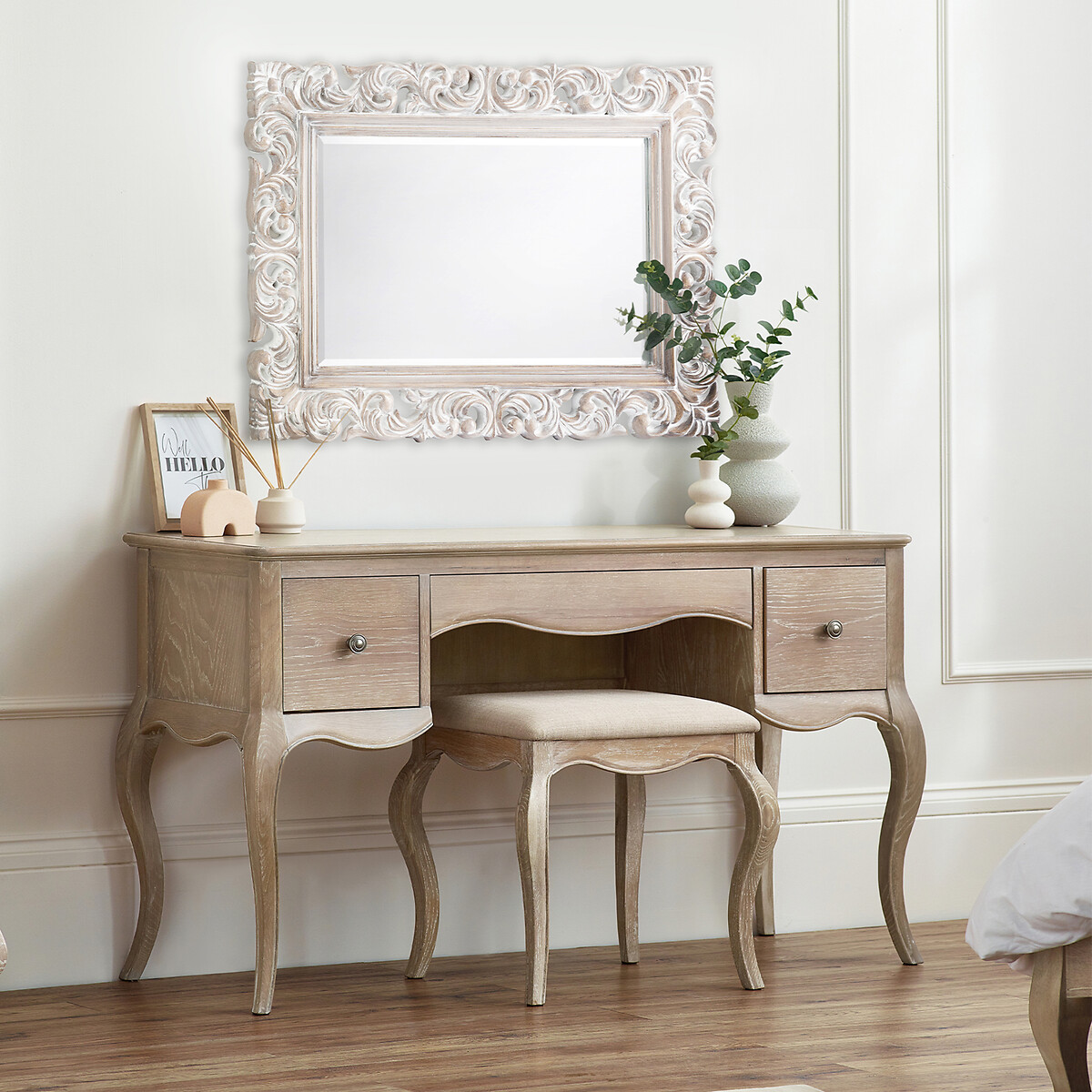Eléa French Antique Limed Oak Dressing Table and Linen Stool Set bleached oak, SO'HOME