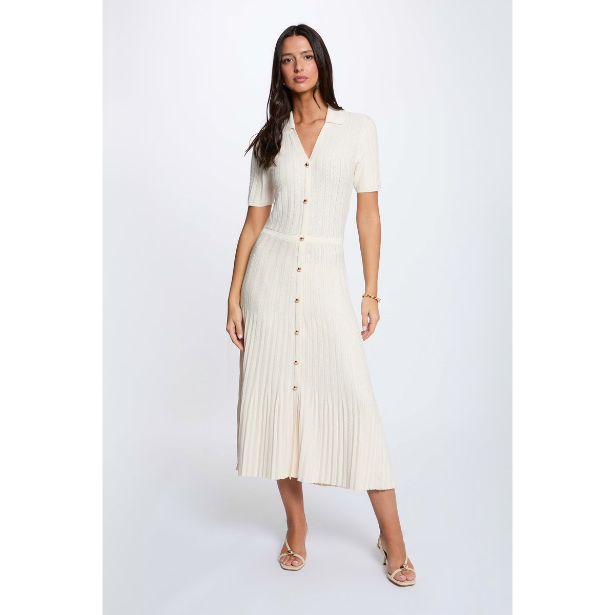 Robe tricot col à revers ivoire, MORGAN