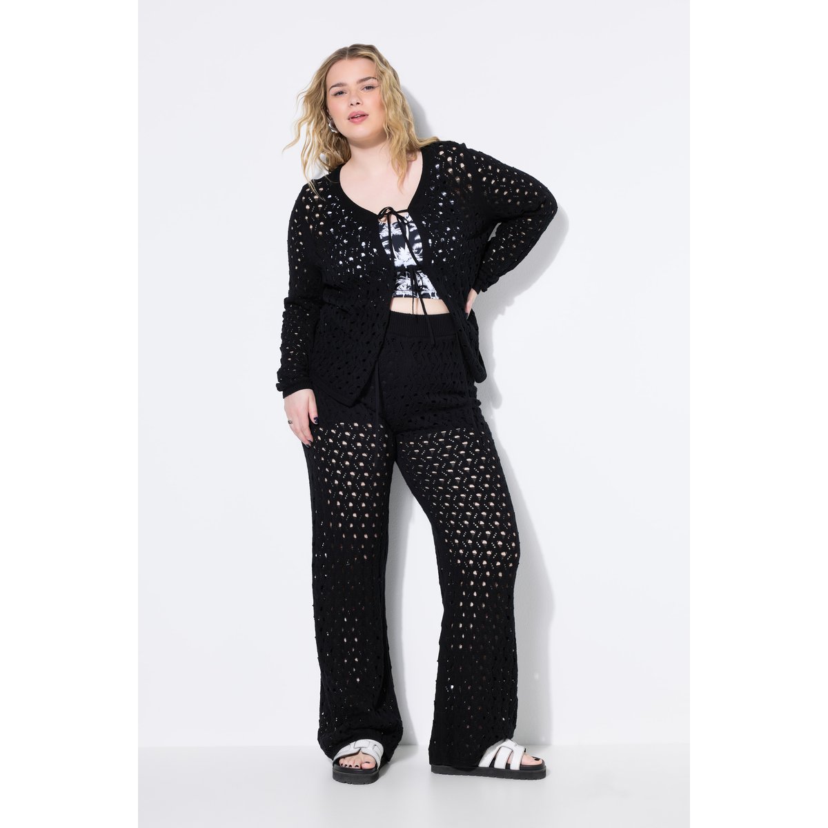 Pantalon jambe droite, maille ajourée noir, STUDIO UNTOLD