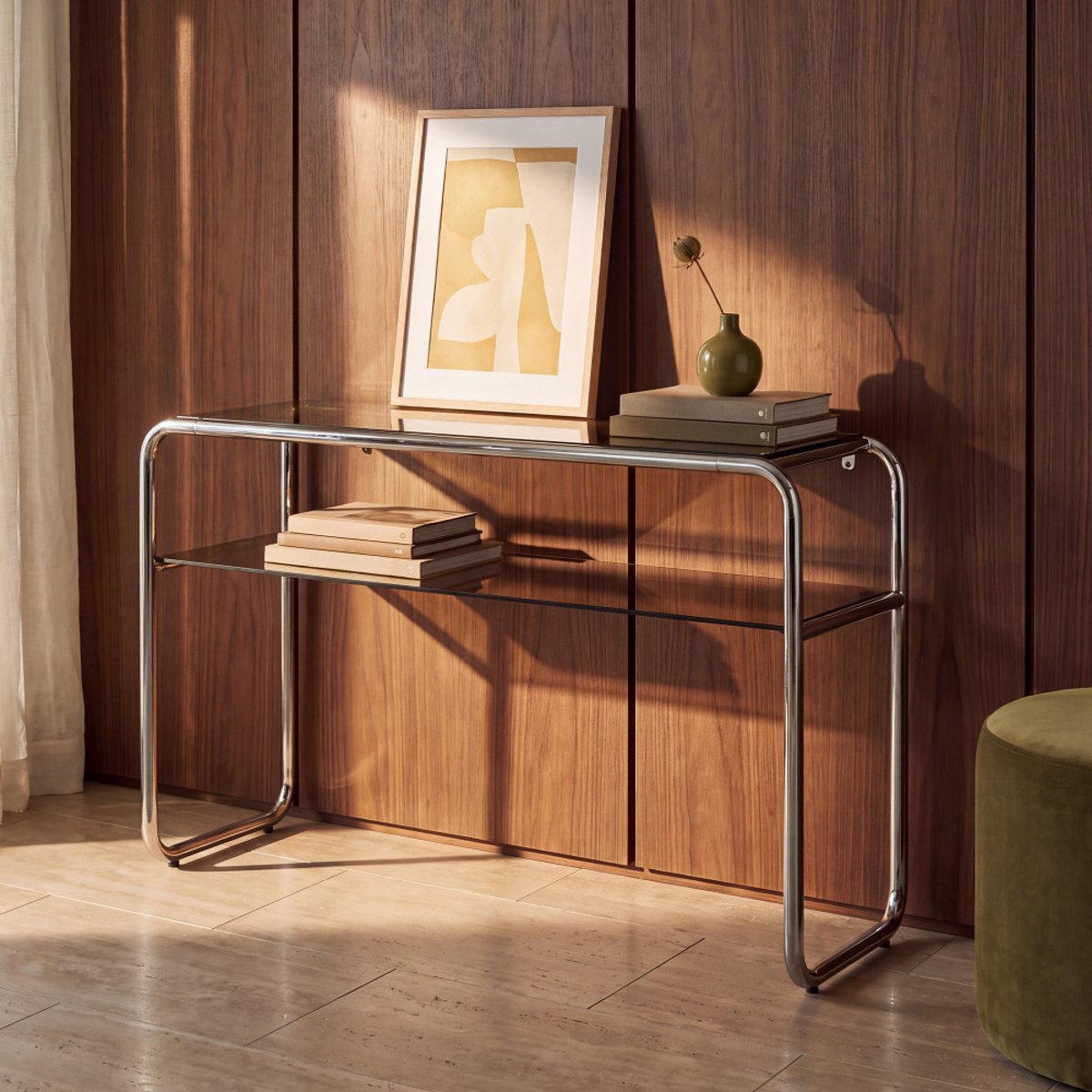 Console en verre et pieds chrome L 120 cm- DELIO verre ambré, DRAWER