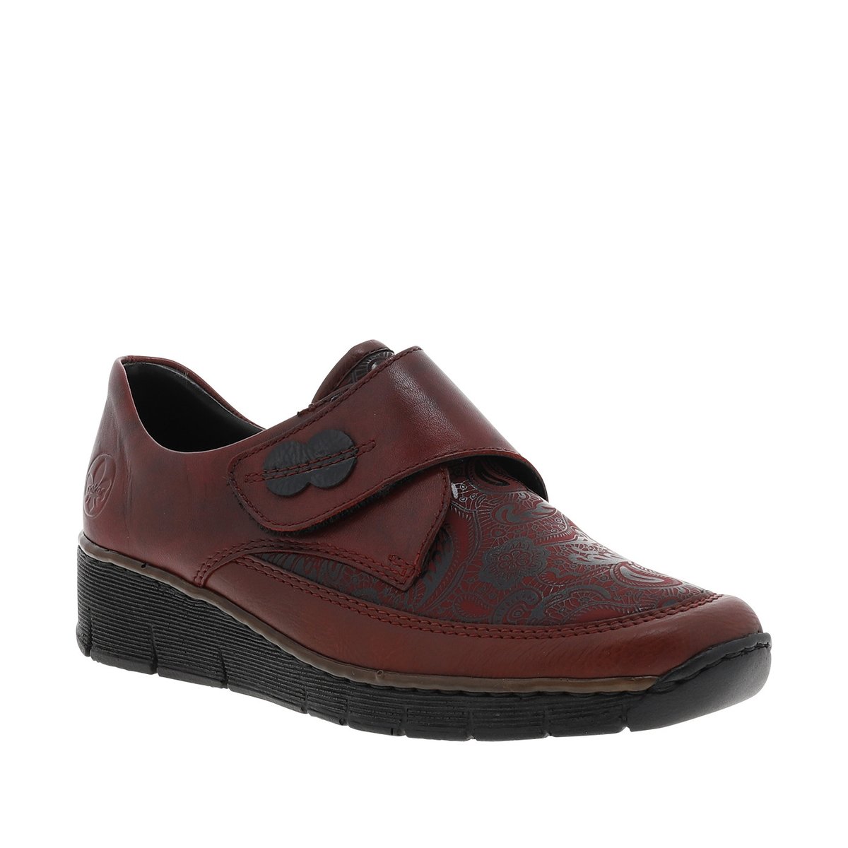 Mocassins en cuir bordeaux à semelle semi-compensé et talon plat avec fleurs noires imprimées bordeaux, RIEKER