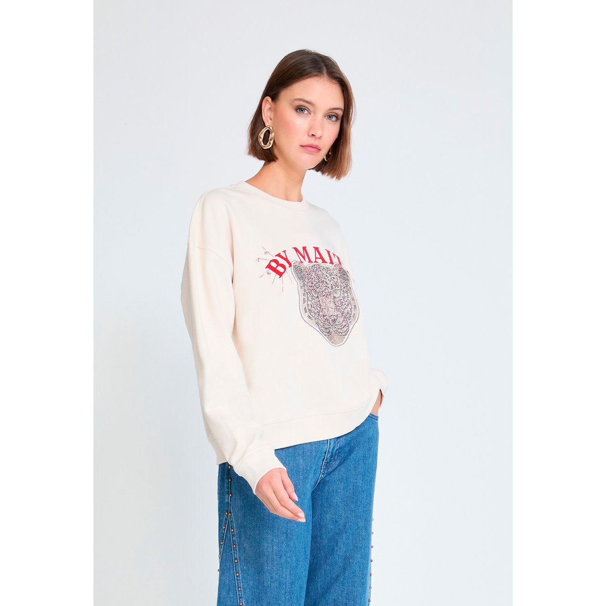 Sweat imprimé panthère à strass en coton ecru, LOLA CASADEMUNT