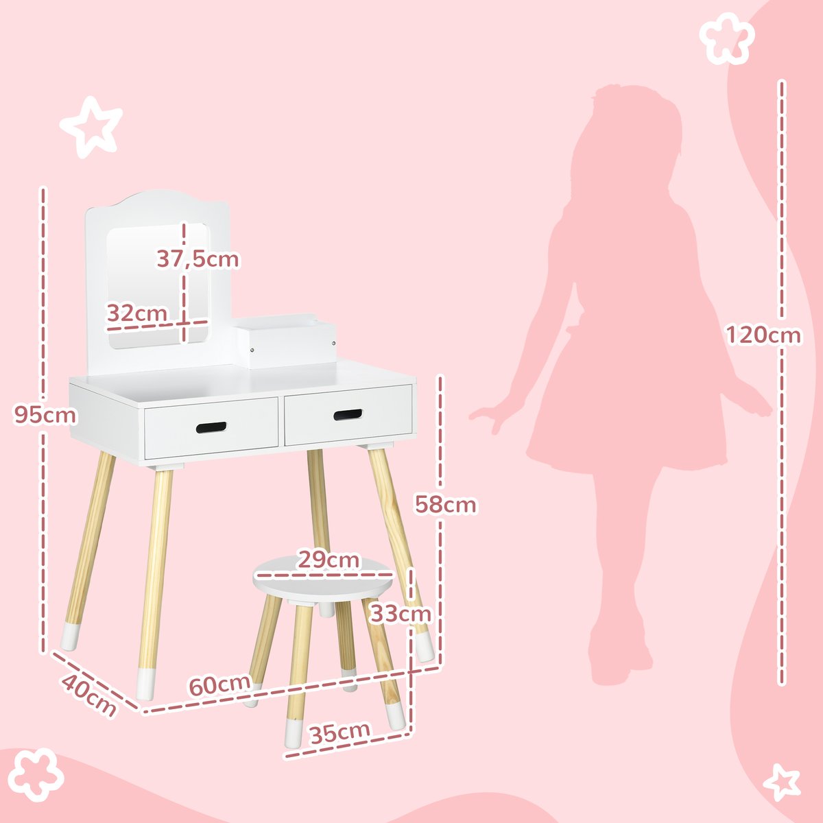 Ensemble de coiffeuse pour enfants MDF Blanc blanc et bois, ZONEKIZ