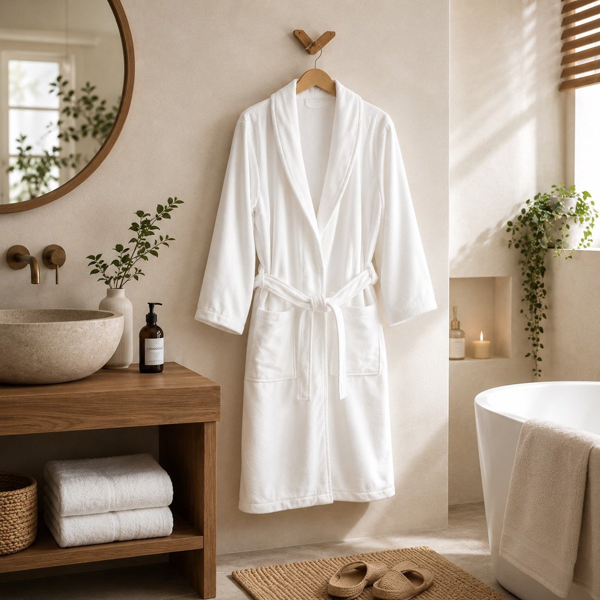 Peignoir mixte coton éponge velours DELUX blanc, LINANDELLE