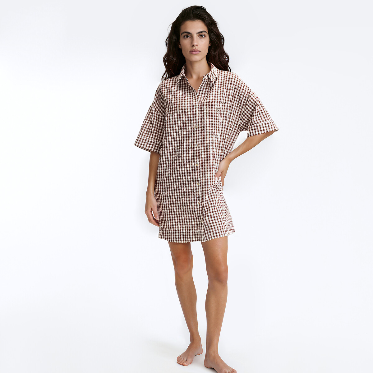 Camisón mil rayas, cuadros vichy de tejido teñido, Signature AIMÉE chocolate, LA REDOUTE COLLECTIONS