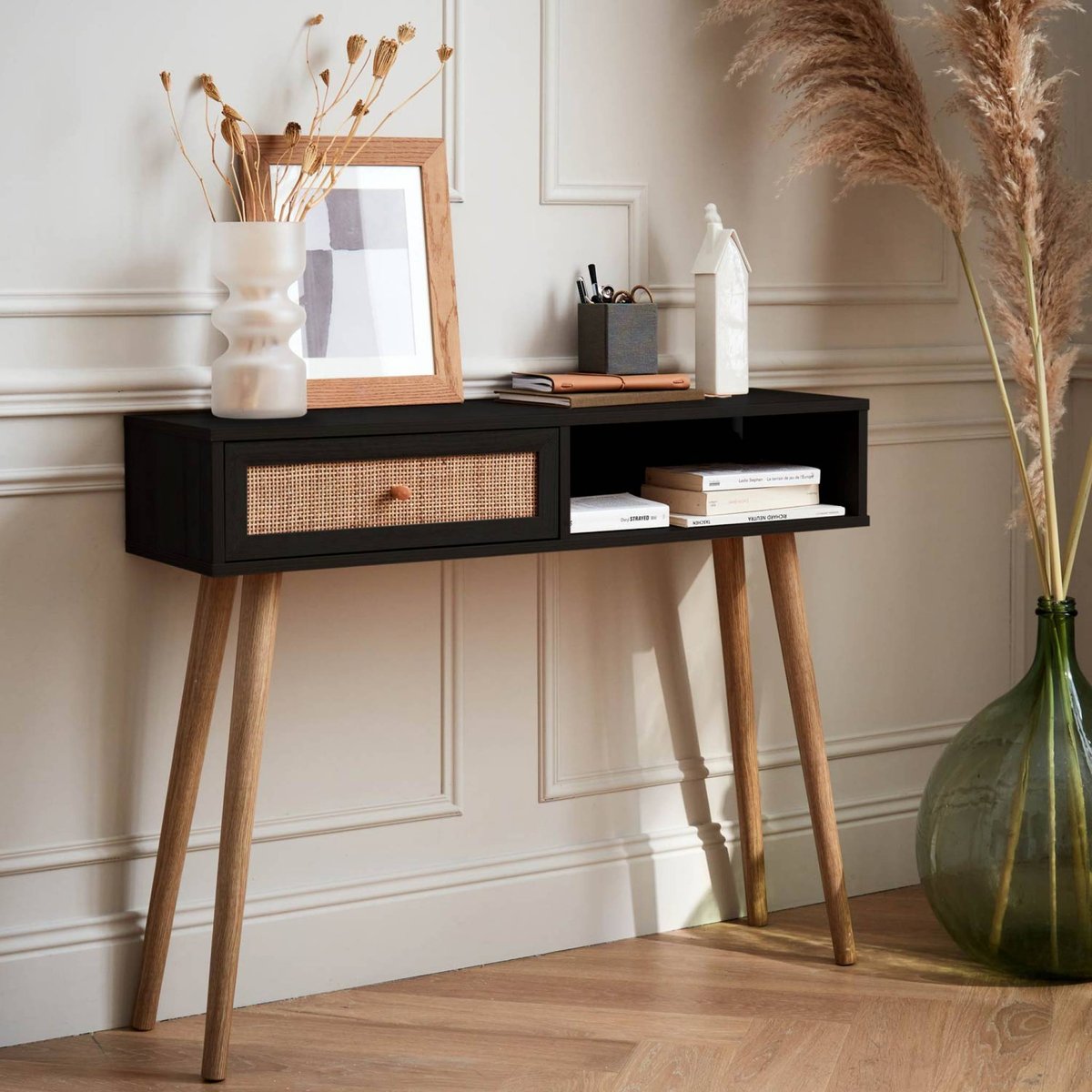 Console scandinave décor bois et cannage 1 tiroir BOHÈME naturel, SWEEEK