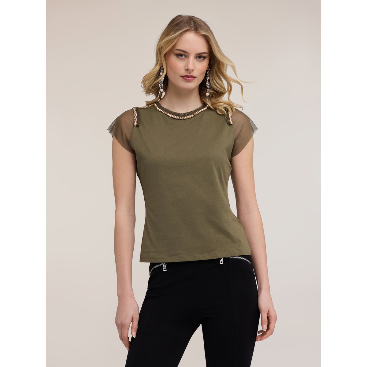 T-shirt avec manches et broderies bijou verde militare, MOTIVI