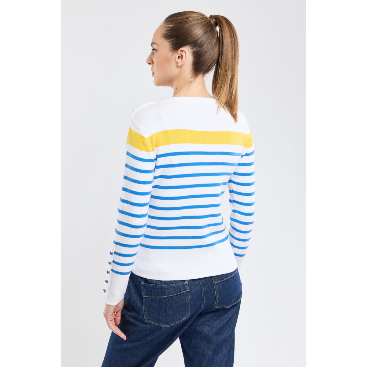 Pull marin manches boutonnées en coton blanc/blue saphir/snapdrag, ARMOR-LUX