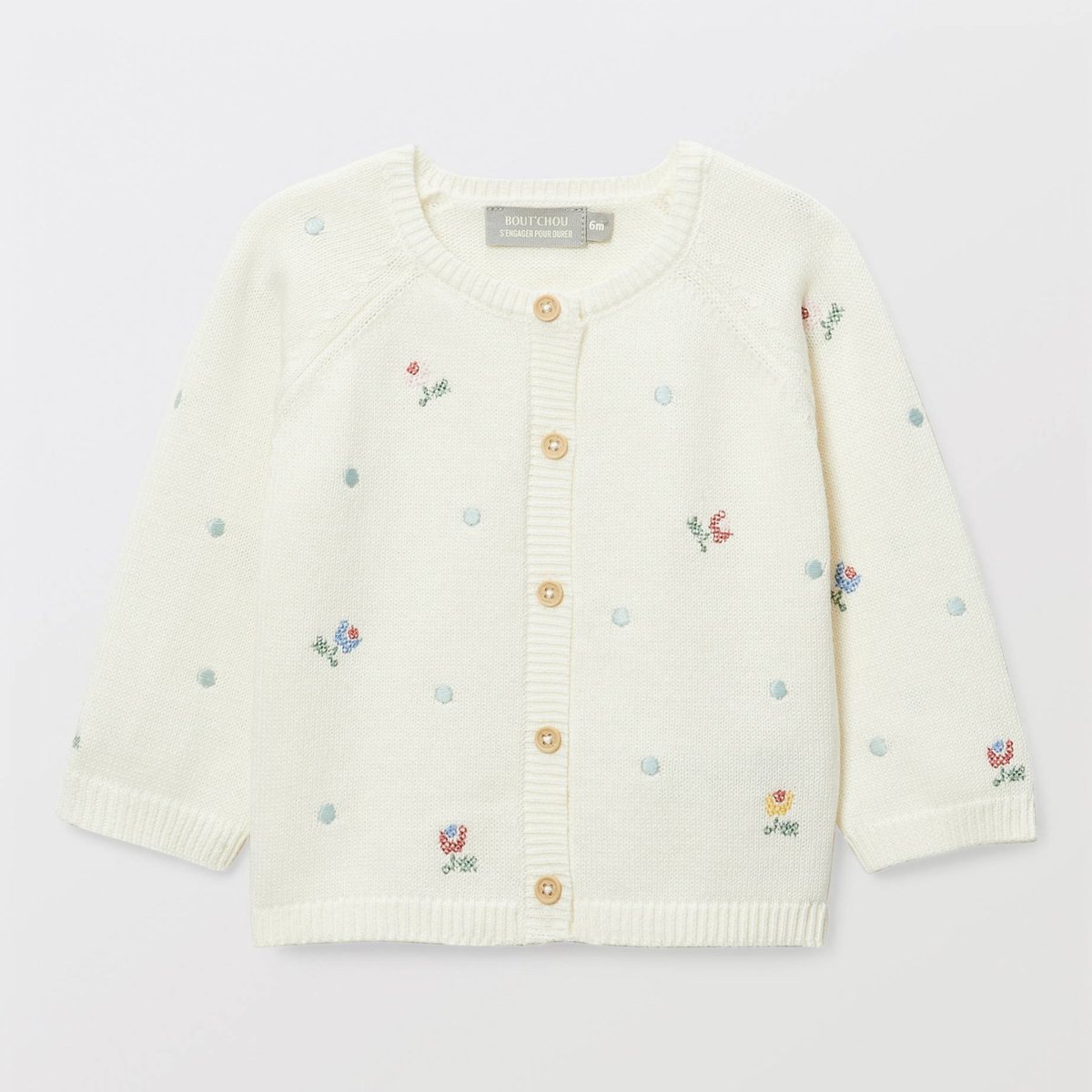 Cardigan brodé en point de croix en coton ecru, BOUT'CHOU