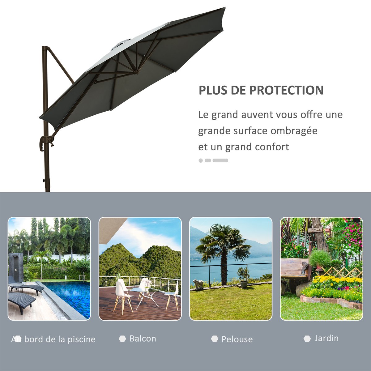 Parasol de terrasse à pied déporté Polyester gris, OUTSUNNY