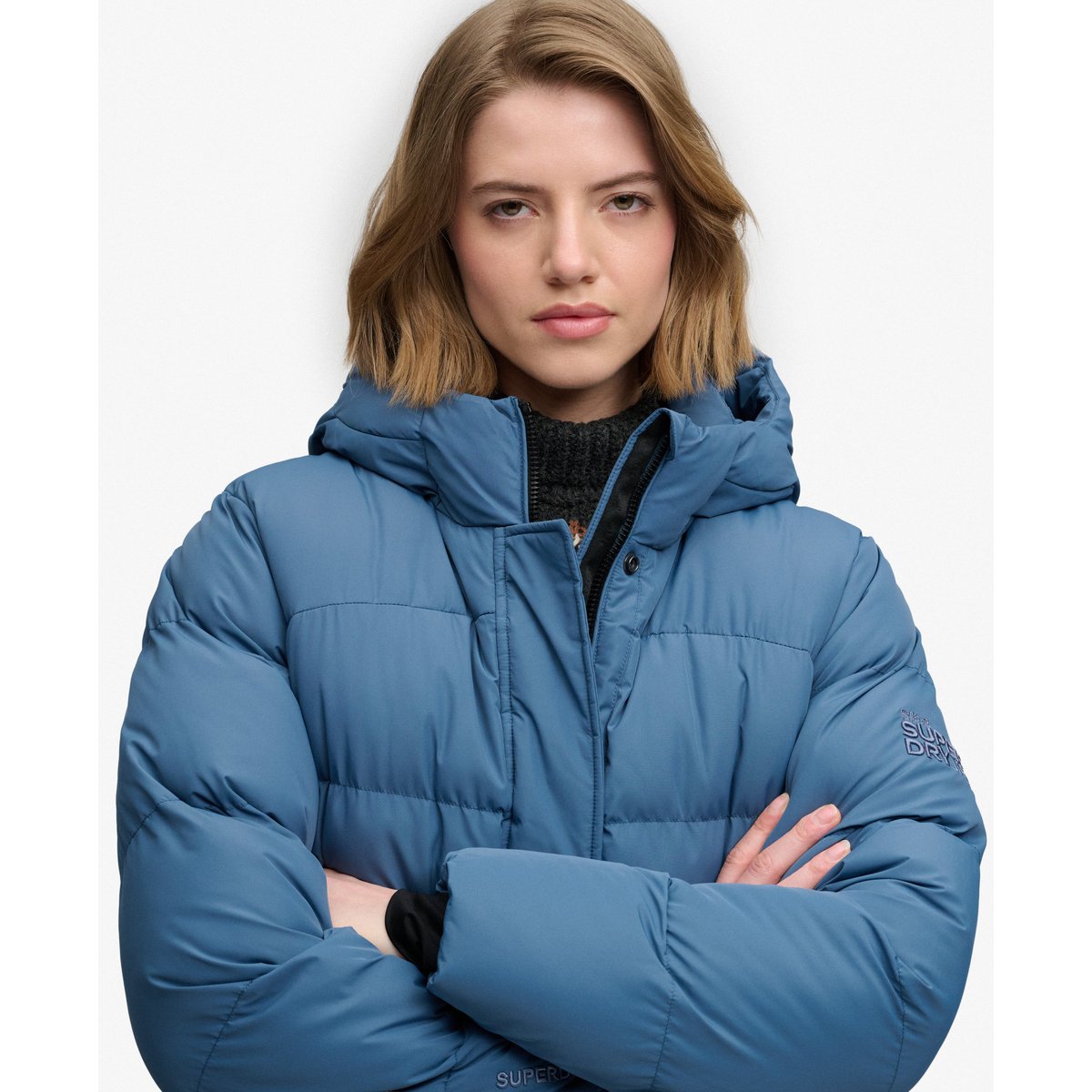 Doudoune Mi-longue à Capuche Sports bleu ardoise sec, SUPERDRY