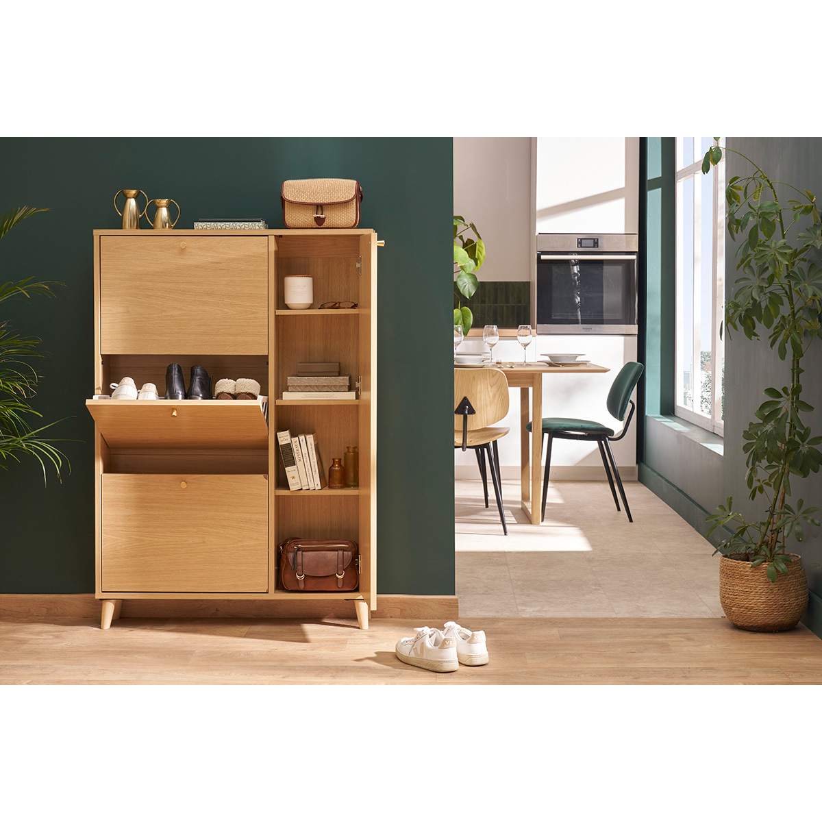 Meuble à chaussures finition bois clair chêne et métal doré L90 cm SILVESTRE chêne clair, MILIBOO