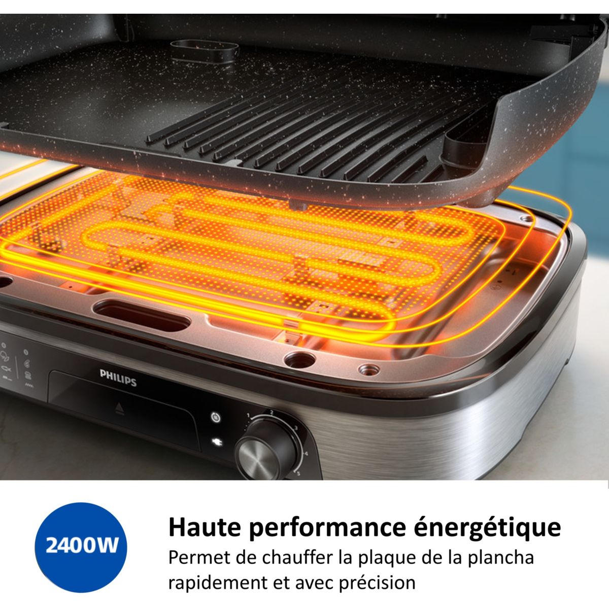 Plancha électrique HD6212/90  couvercle verre à poser, 50x25 cm couleur unique, PHILIPS