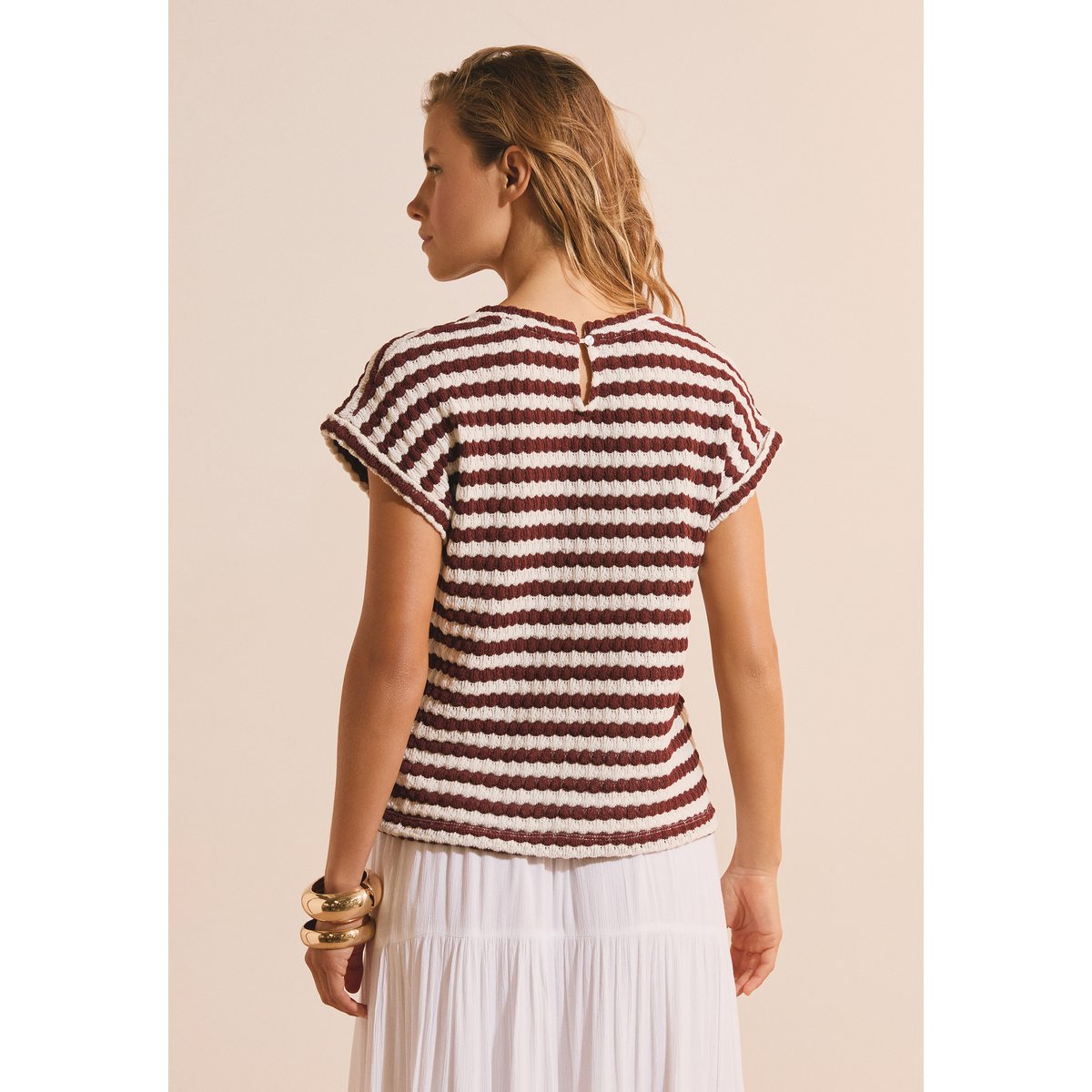 T-shirt effet crochet rayé TAHILA ecru, ETAM